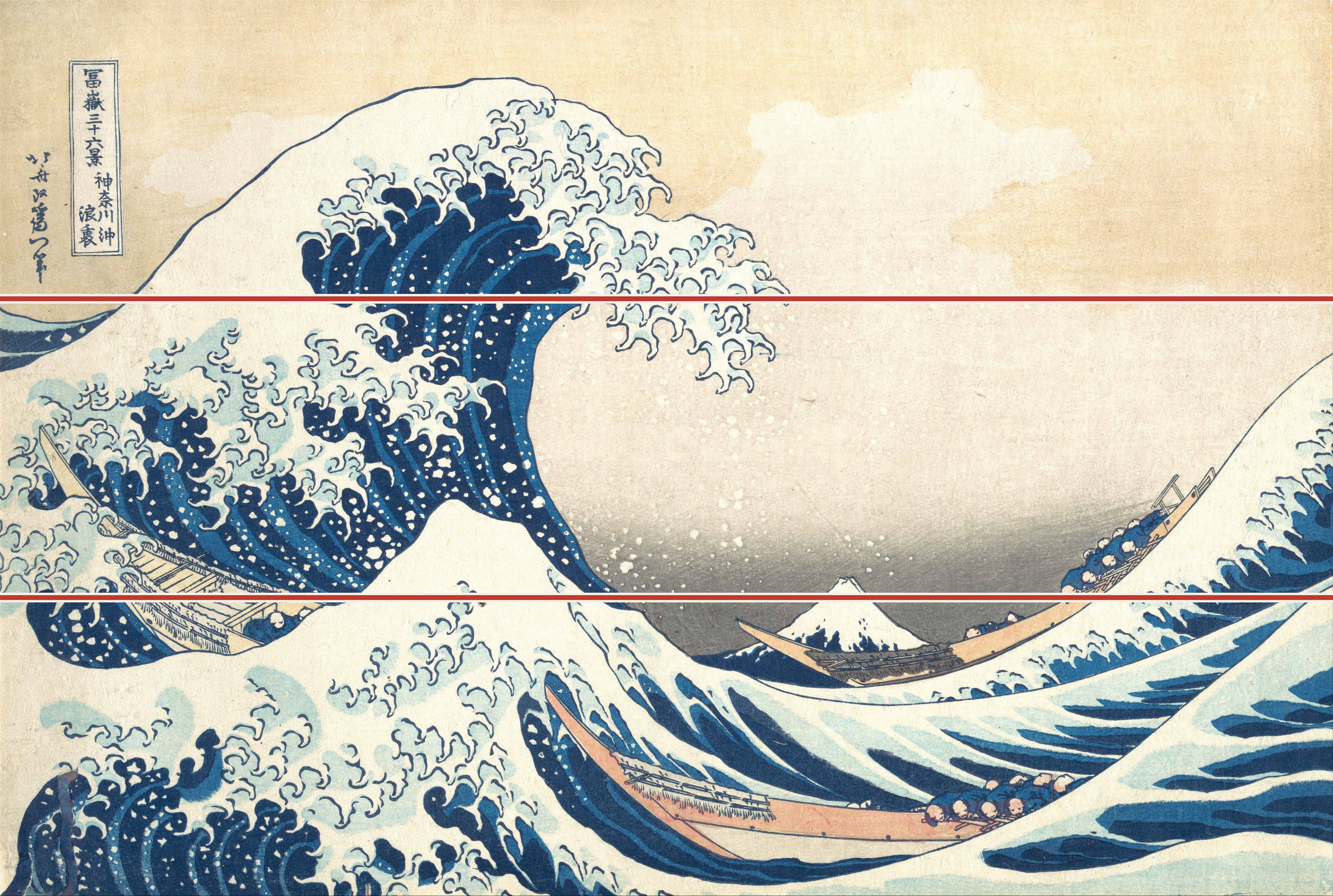 The Great Wave with Hokusai's horizontal three-part division overlaid.