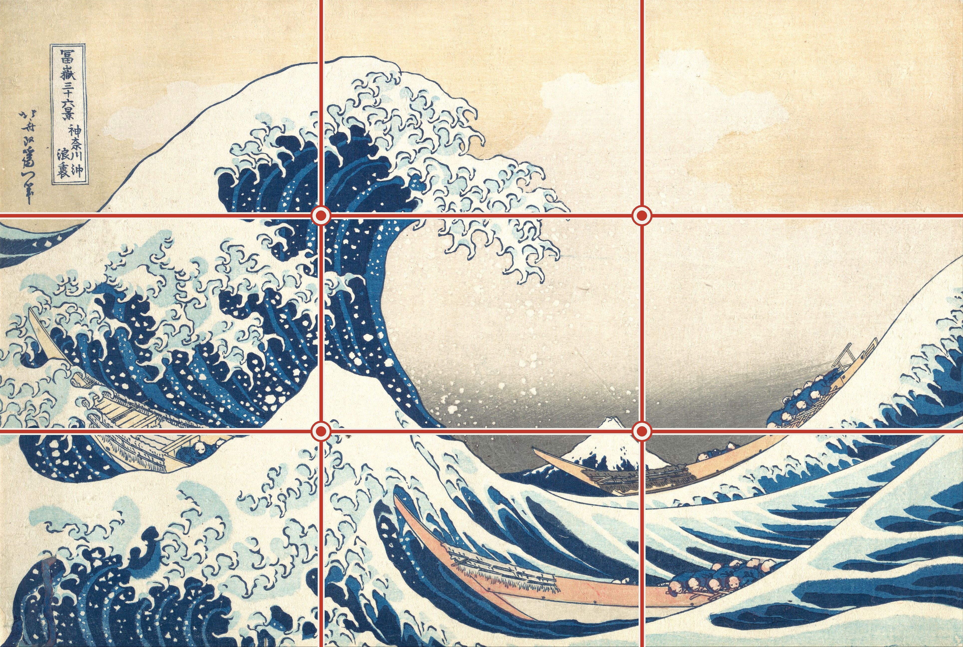 Full 3×3 grid over the Great Wave, with intersection points marked.