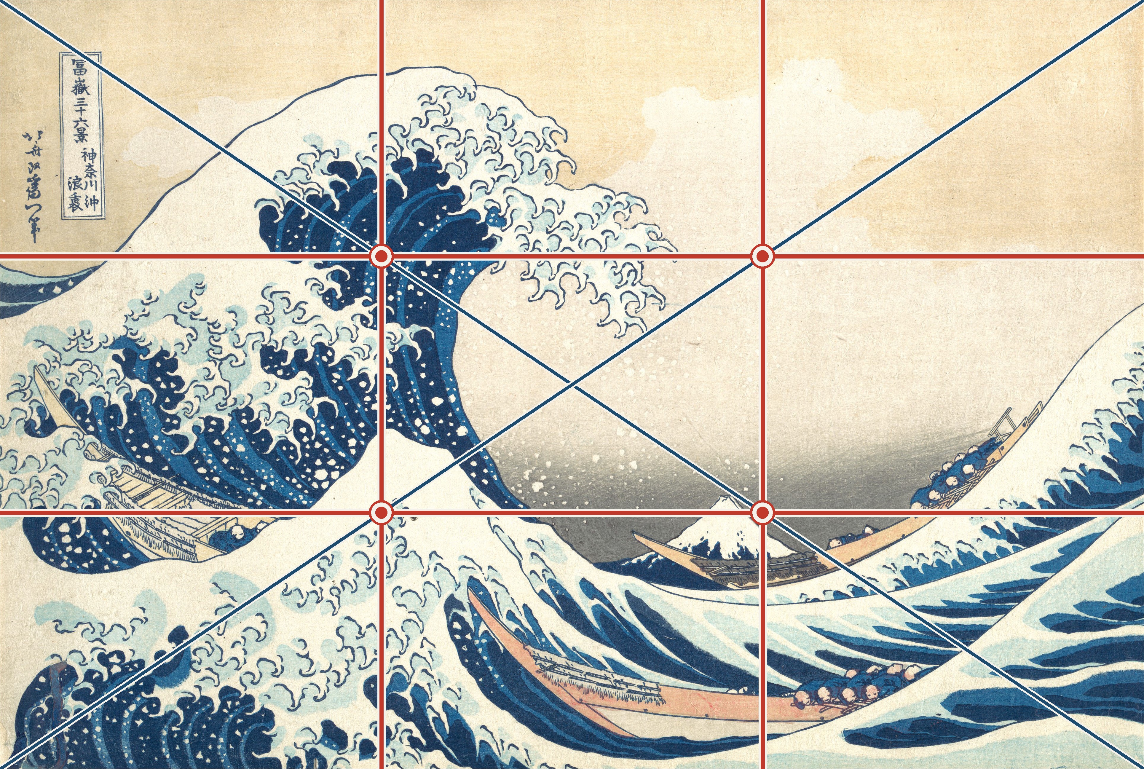 The Great Wave with grid and corner-to-corner diagonals overlaid.