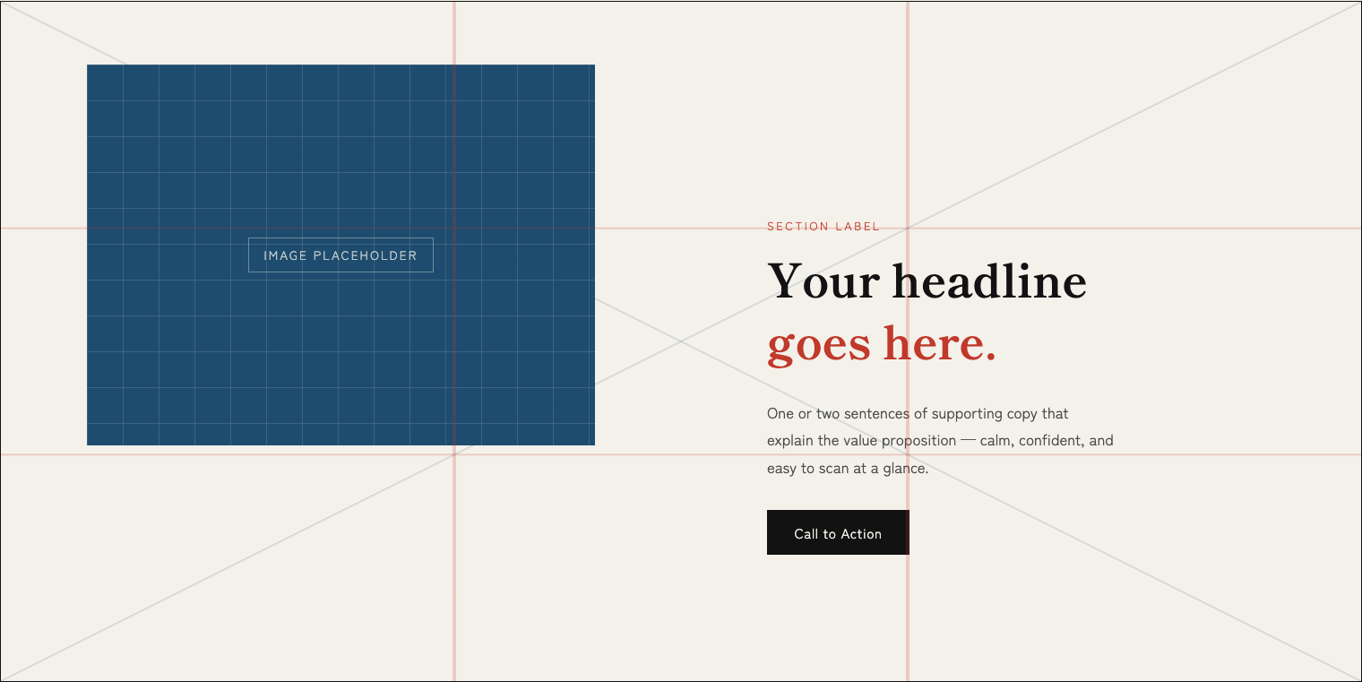 The same hero section, built on the grid's intersections instead of centered by default.