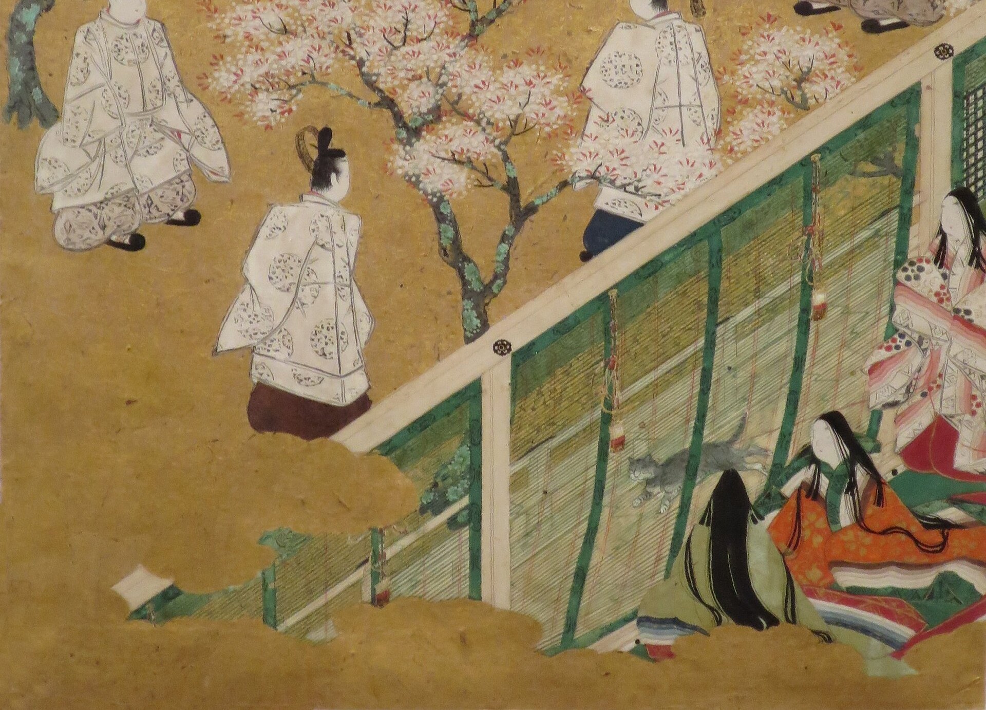 Only the edges of the women's robes peek out from under the bamboo blind. A scene from chapter 34 of The Tale of Genji. Anonymous, 18th century, Honolulu Museum of Art, Public Domain, via Wikimedia Commons.