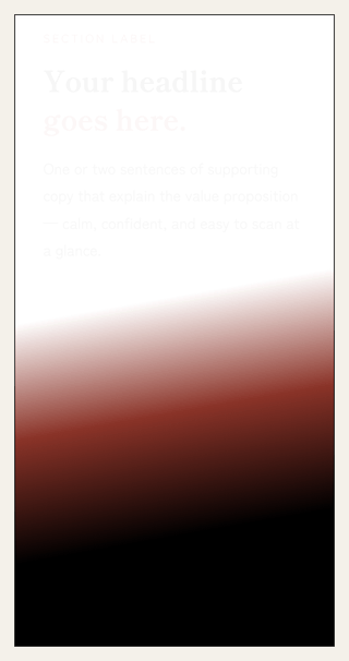 Hero B: the Black Fuji–type hero section (mobile). Layout order is text → image → button. It reveals in the same order, gently — except the button, which snaps in suddenly, like lightning.