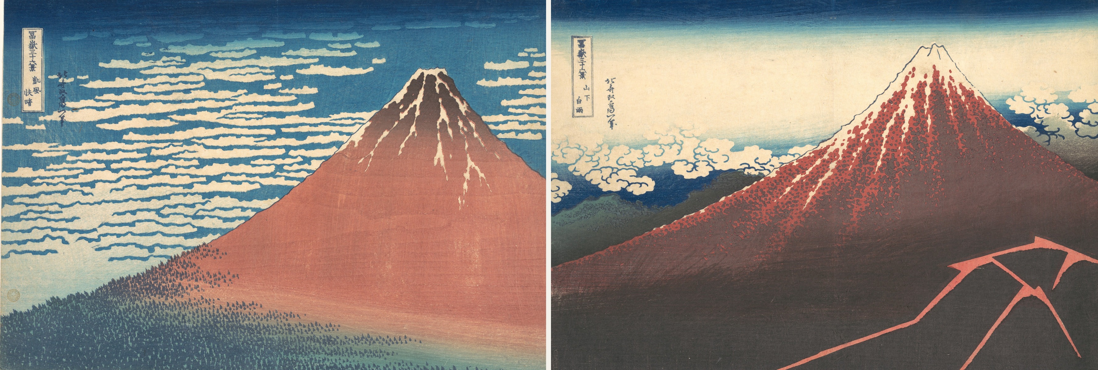 Gaifū Kaisei (Red Fuji) and Sanka Hakuu (Black Fuji) side by side. Katsushika Hokusai, c. 1831. The Metropolitan Museum of Art, Public Domain.