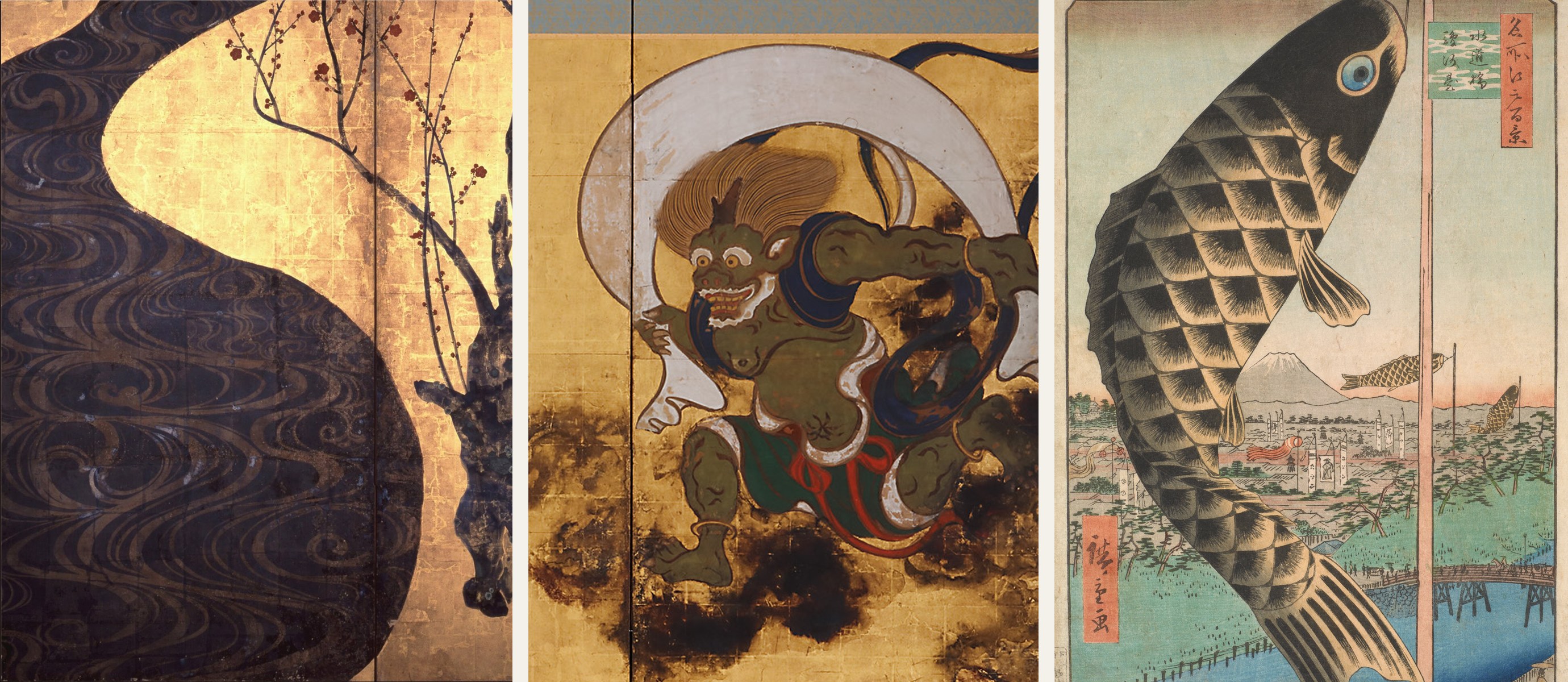 From left: Ogata Kōrin, Red and White Plum Blossoms (detail); Tawaraya Sōtatsu, Wind God and Thunder God (detail); Utagawa Hiroshige, Suidō Bridge and Surugadai. All Public Domain, via Wikimedia Commons.
